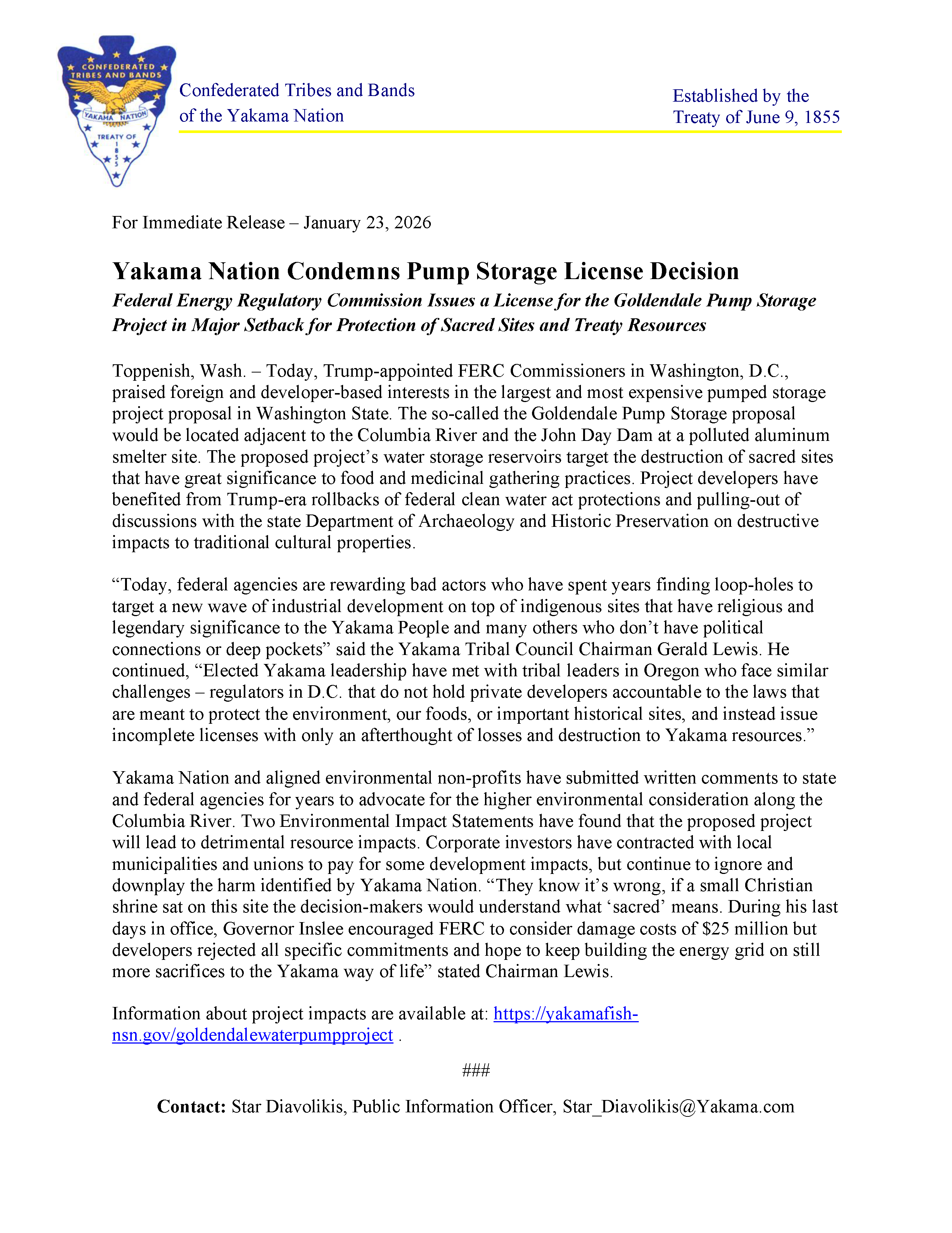 Yakama Nation Condemns Pump Storage License Decision