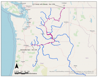 Figure 1. The study area for the Columbia River Fish Tissue and Water Quality Monitoring Program that encompasses the Columbia River (purple) from Bonneville Dam (rkm 234) to the U.S. border with Canada (rkm 1196). Major salmonid bearing tributaries are also depicted (blue).
